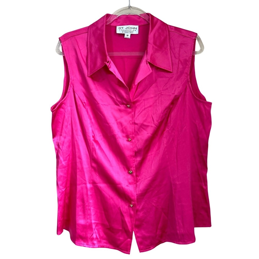 St. John Collection Hot Pink Silk Satin Sleeveless Button Blouse Glam Size 16